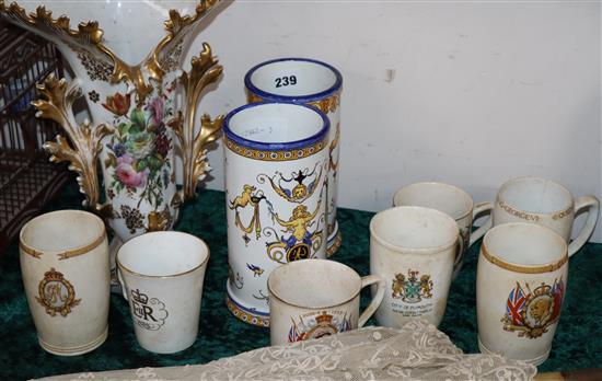 A Jacob Petit style vase, a pair of Gien cylindrical vases and seven pieces of Coronationware (10)